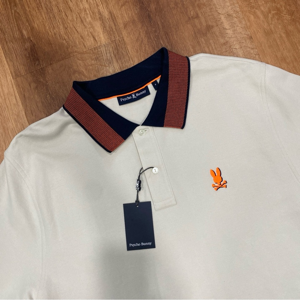 Psycho Bunny Men's Cream Polo with Orange Logo Montebello Pique Polo 100% Cotton